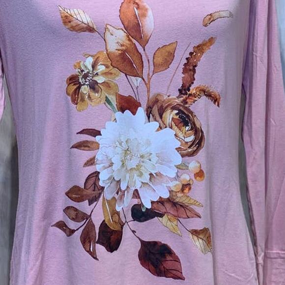 Hand Printed Upcycled Large Fall Leaves Floral Harvest Bouquet Long Sleeve Tee - Picture 2 of 3